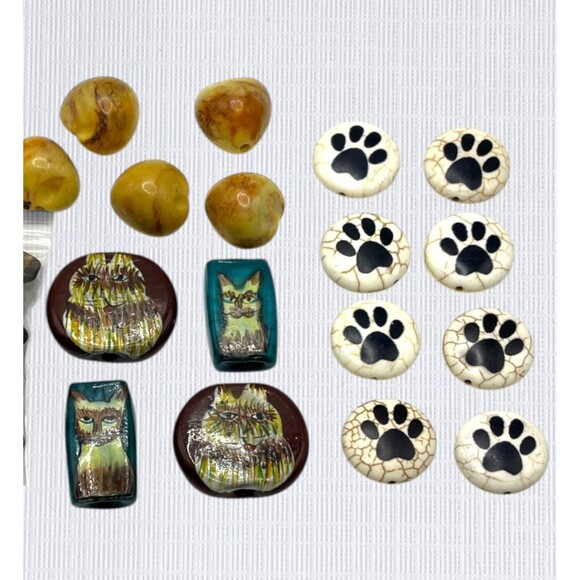 Mixed Lot Beads Chunky Hand Painted Glass Cat Tigers Eye Stone Paw Print Focal - Picture 4 of 13